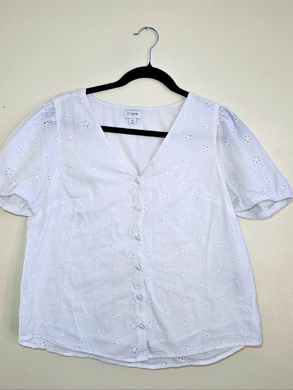 White J.Crew button-down blouse all-over eyelet embroidery, V Neck Small